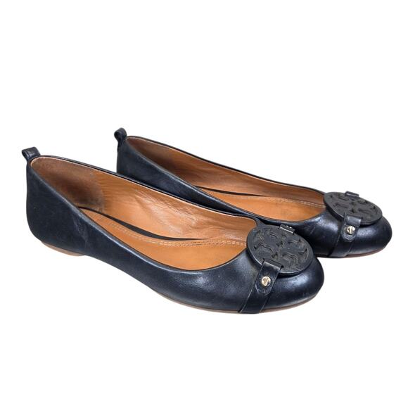 Tory‎ Burch Mini Miller Black Leather Logo Pump Size 5.5M Comfy Flats - Picture 1 of 11